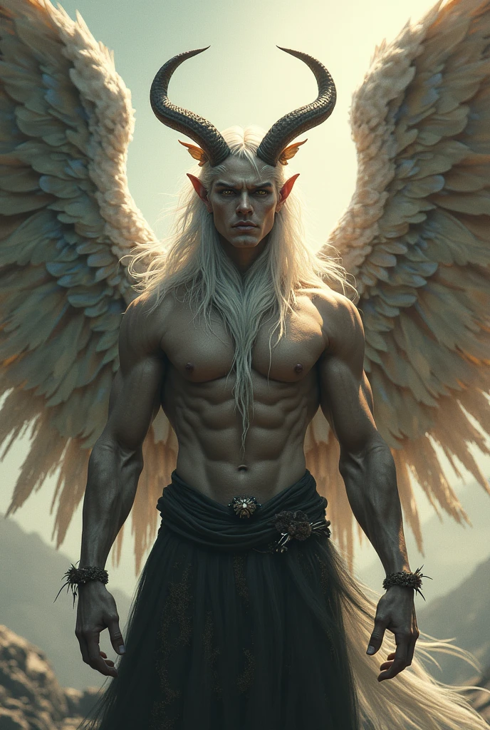 Profile of an albino demon, pale translucent skin, Platinum white hair, Red eyes, the sclera of your eye is black, defined muscles, one wing is white and the other is black, He's a man, he doesn't have horns.