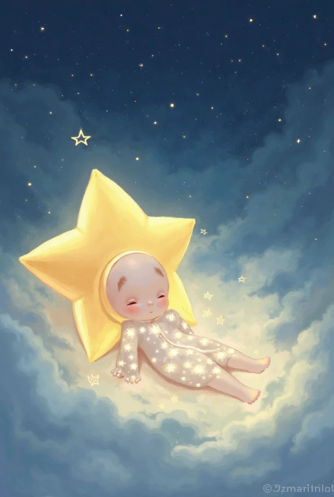 Create a CD cover featuring a serene night scene with a smiling moon and twinkling stars in a deep blue sky. Below, a baby sleeps peacefully in a crib surrounded by soft, glowing clouds. Gentle, pastel colors and whimsical illustrations create a calming and soothing atmosphere