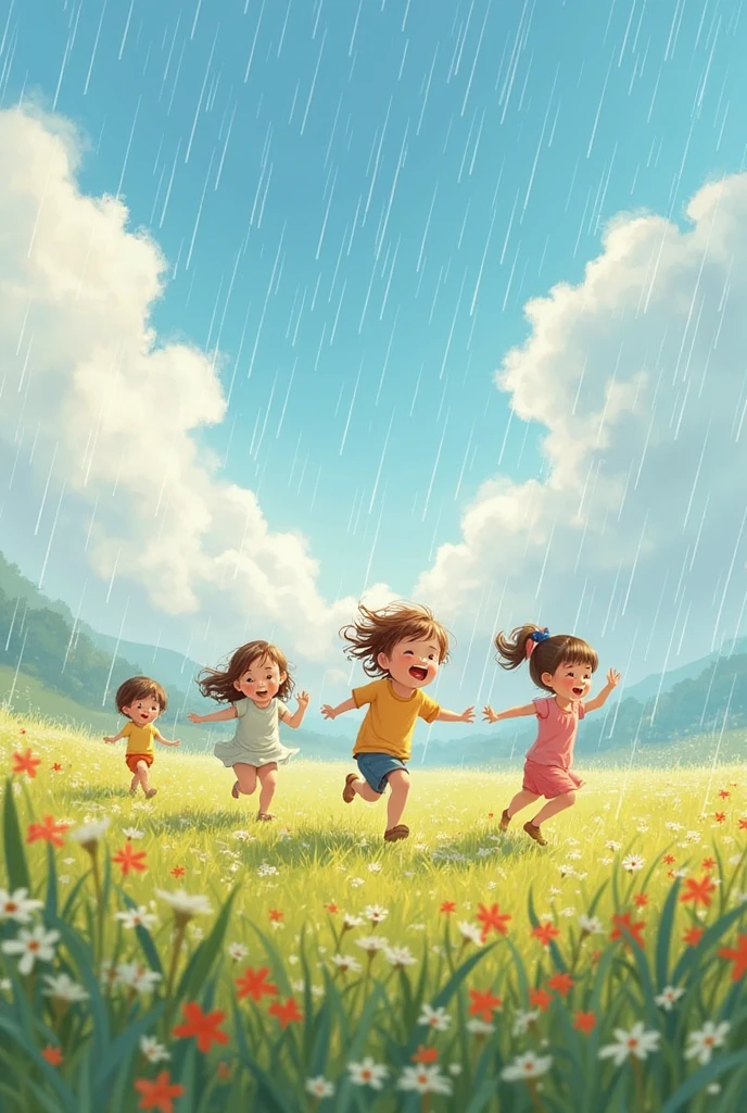 Two girl and a boy dancing in midsummer rain