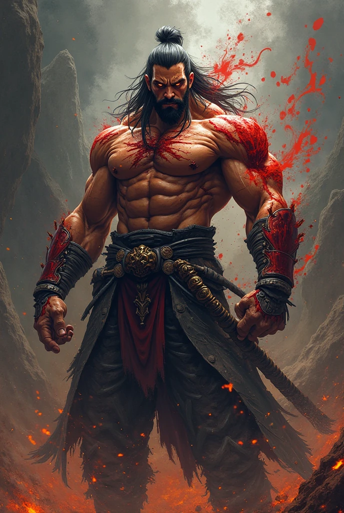 A warrior holding a sword with blood flowing down his body with a name 'BENGHAZI' at the background