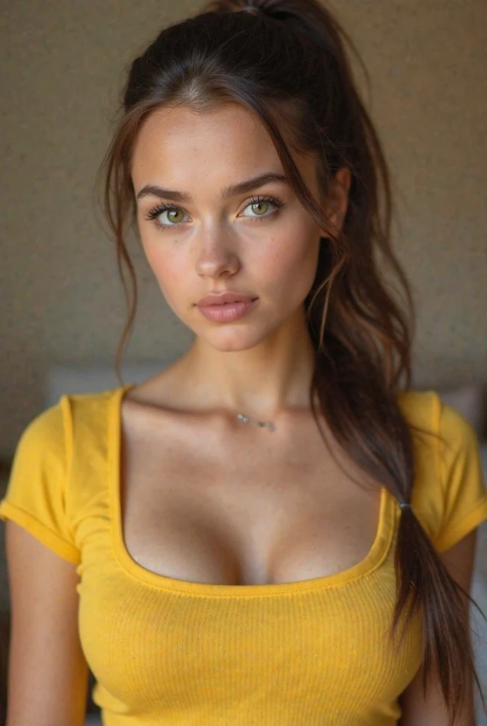 beautiful eyes, green eyes, detailed eyes, girl, portrait, realistic, photorealistic, 4k, high quality, masterpiece, intricate details, delicate features, elegant, serene expression, soft lighting, warm colors, golden hour, depth of field, studio lighting, pink crop top that accentuate her curves, short jeans ripped shorts