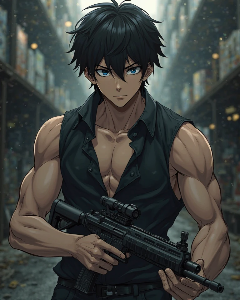 anime character with a gun in the rain, handsome guy in demon slayer art, male anime character, detailed digital anime art, tall anime guy with blue eyes, water dripping off him, detailed anime character art, from attack on titan, shirtless :: high detail, killy from blame!, artwork in the style of guweiz, clean detailed anime art