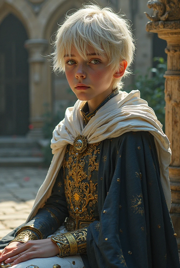 Young boy, 6 years old, Royalty, Round box-like strong jawline, strong cheekbones, medium-full lips, thin but strongly defined nose, very good hairline, shoulder-length Silver-white hair, Bright Violet purple eyes, and tall for his age, handsome, targaryen, silver hair and purple eyes