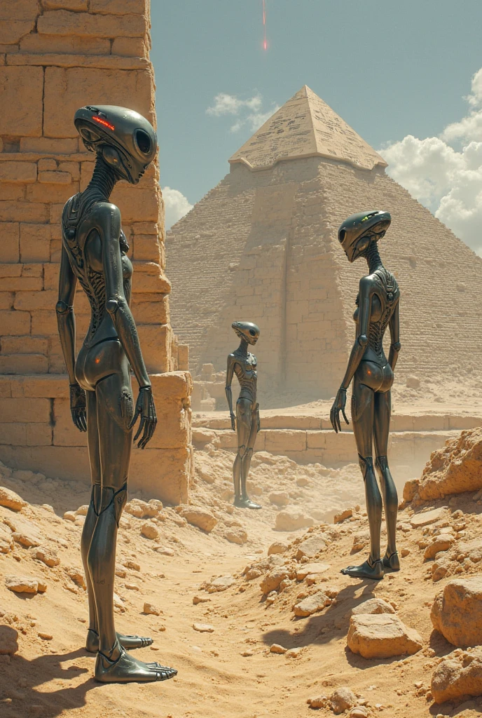 "Depiction of advanced and exotic aliens, in futuristic technological suits, collaborating with prehistoric people in building the pyramids of Egypt, millions of years ago. Aliens Use Levitation and Rock Manipulation Equipment, while people work with primitive tools, helping to position giant stone blocks. The scene should reflect a barren desert with a low sun on the horizon.., and the pyramids, under construction in the background. The scene must combine elements of an ancient era with the impressive presence of alien technology and the interaction between two cultures..."