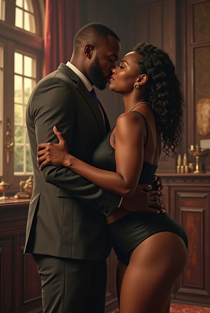 (Rimming ass: 1.5), (full body shot), (((Posh indian aunty is kneeling near a big muscular black guy who is standing tall, he is naked))). Her hands are wrapped around his legs, (((she is licking the man's ass, she is bending down towards his ass crack))).(((side view))). (The man is facing away from her). (Detailed face)
