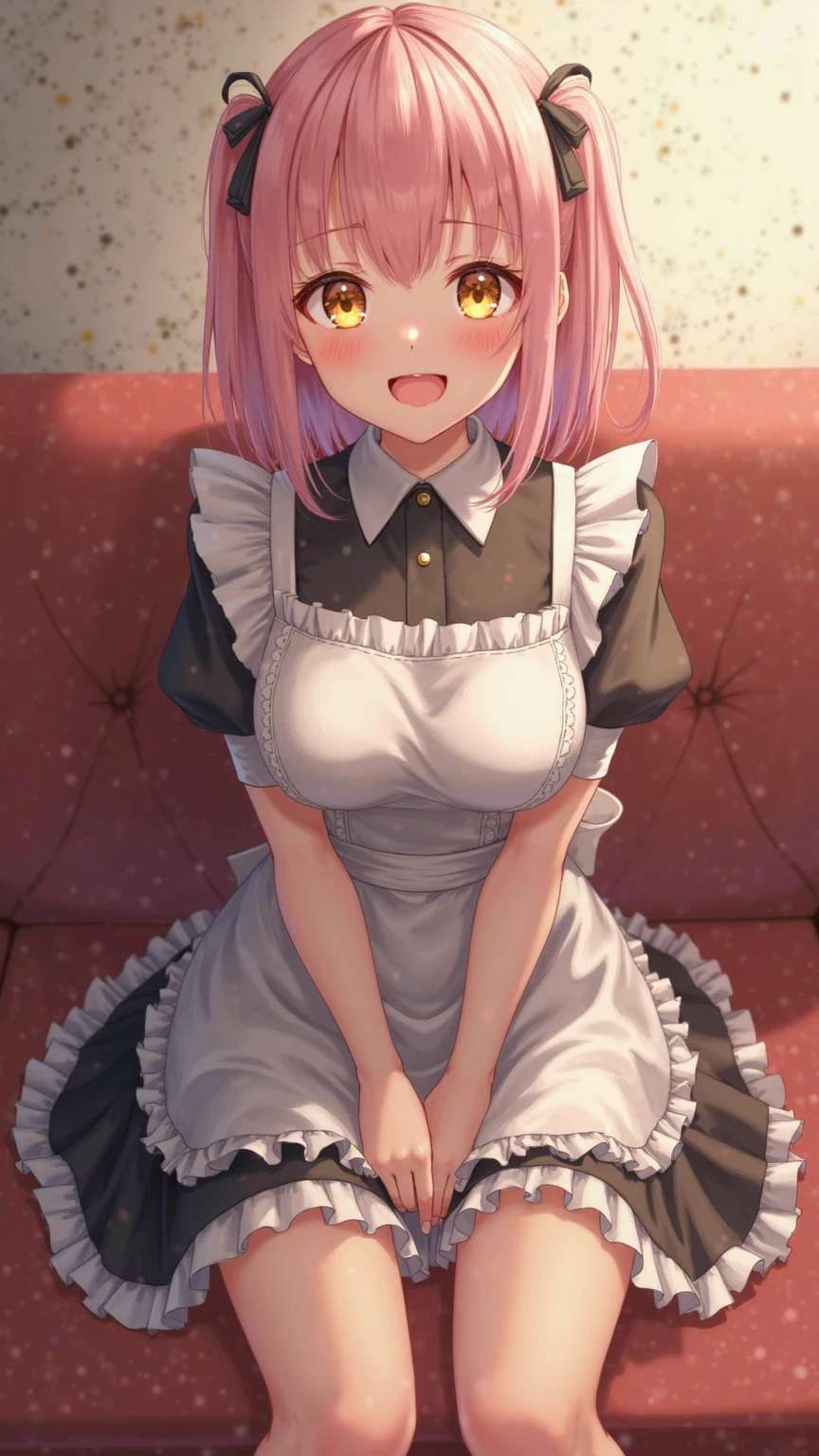 1girl, maid uniform, short pink hair, glow pink eye, portrait, calm, happy expression, smile, glowing, sidelighting, medium breast, pregnant, touching her belly, sit near from window, grateful