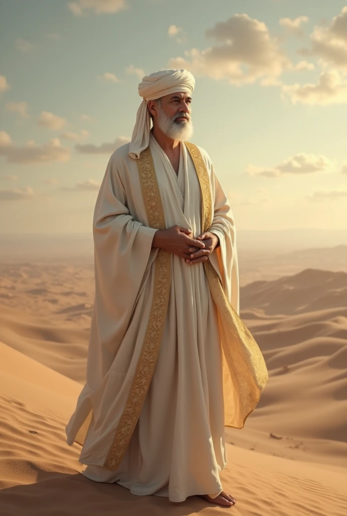 Old muslim with white beard is crying in desert