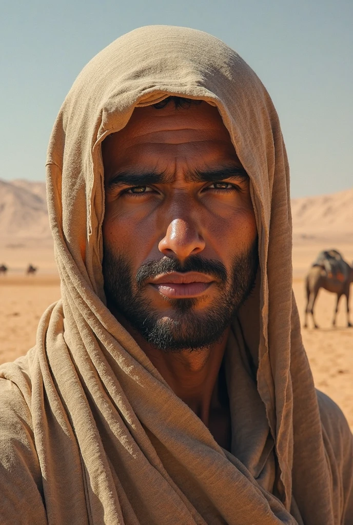 white german man blue eyes, wearing thawb and turban in the desert, very realistic face, zoomed in on face, 19th century photograph