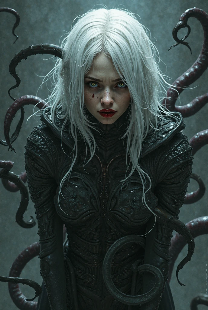 a 50 ft woman,detailed facial features,extremely detailed face,beautiful detailed eyes,beautiful detailed lips,longeyelashes,tattered worn military uniform,desperate battle,giant slimy tentacle aliens,tokyo cityscape,night scene,neon lights,rain,dynamic action pose,intricate details,cinematic lighting,hyper realistic,8k, highly detailed, photorealistic