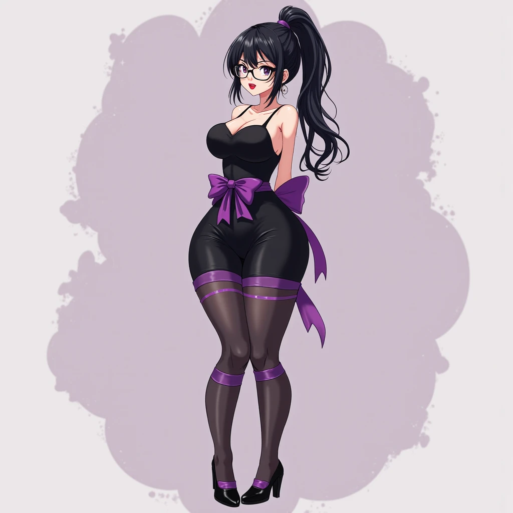 Pink pointed toe stiletto heels, purple stockings lace suspender lingerie, glasses, large breasts and thin waist, standing position, ponytail
