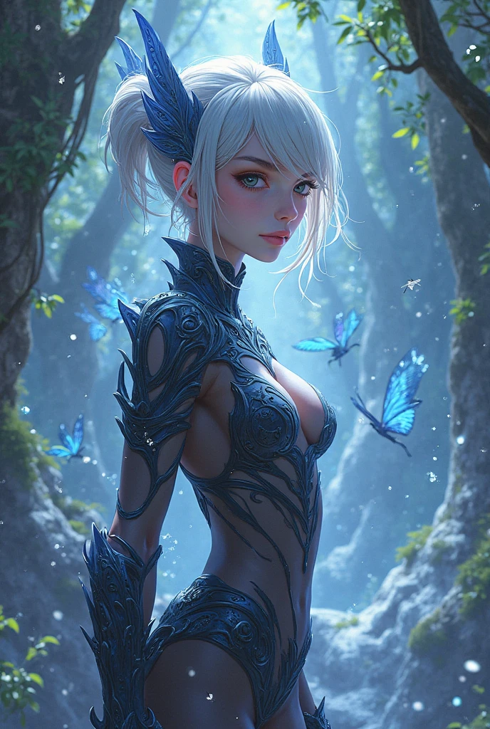 white forest in background, colorful design , Aurora, mythical, erotic pose, pore white hair, small tits, big eyes, body covered with tattoo, red lips, erotic, dark light,, white dress,glowing light