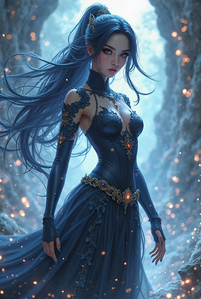 intricate blue dragon, underwater, girl standing on shore looking down at water, night, (best quality,4k,8k,highres,masterpiece:1.2),ultra-detailed,(realistic,photorealistic,photo-realistic:1.37),fantasy,cinematic lighting,dramatic lighting,vibrant colors,detailed waves,shimmering water,detailed dress,long flowing hair,beautiful detailed eyes,beautiful detailed lips,extremely detailed eyes and face,longeyelashes