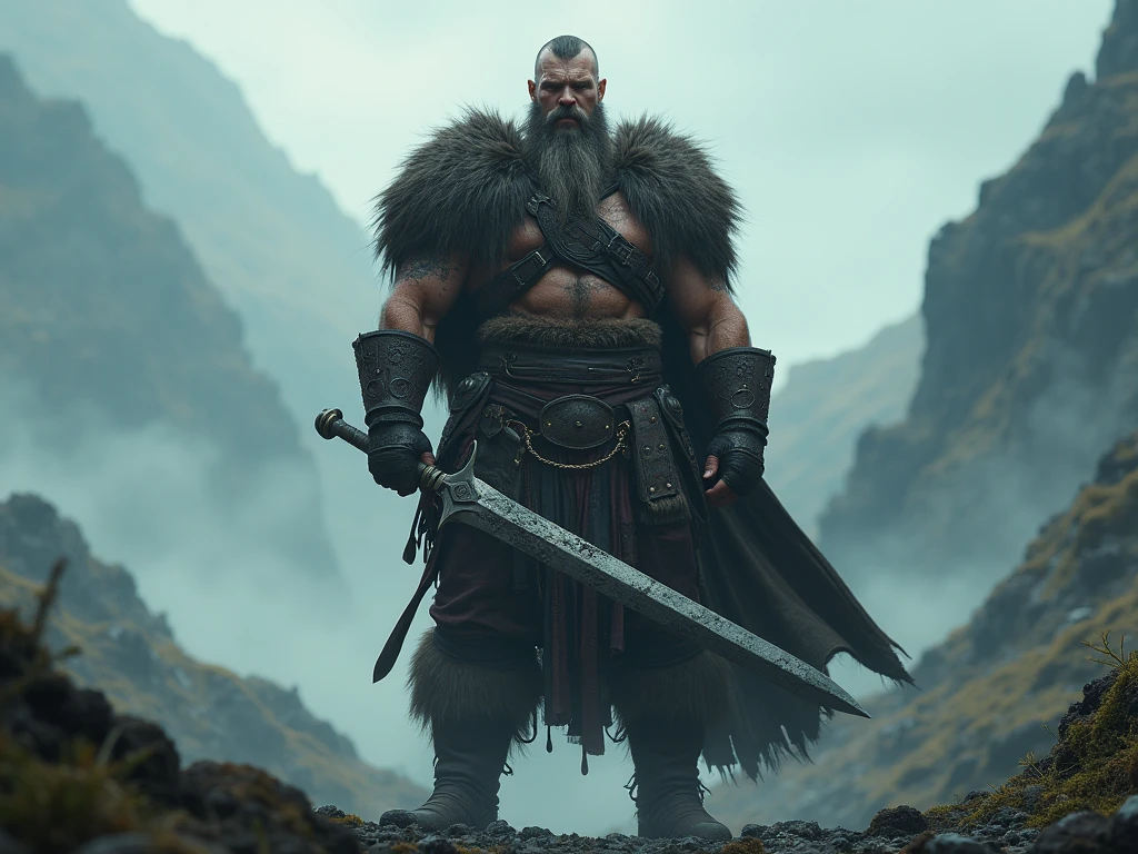 Physical Features: Kjarin is a muscular and imposing Nord with pale, weathered skin. His long, matted brown hair and unkempt beard are stained with the blood of his victims. His eyes are an eerie, almost glowing blue, signifying his connection to Namira, and his face bears the scars of countless battles and rituals., Clothing: Kjarin wears a mix of Ancient Nord Armor and Iron Armor, adorned with trophies from his victims such as teeth, bones, and strips of leather. His armor is heavily worn and covered in grime, yet imbued with powerful enchantments to enhance his brutal combat style., UHD, retina, masterpiece, accurate, anatomically correct, textured skin, super detail, high details, high quality, award winning, best quality, highres, 1080P, HD, 4K, 8k, 16k