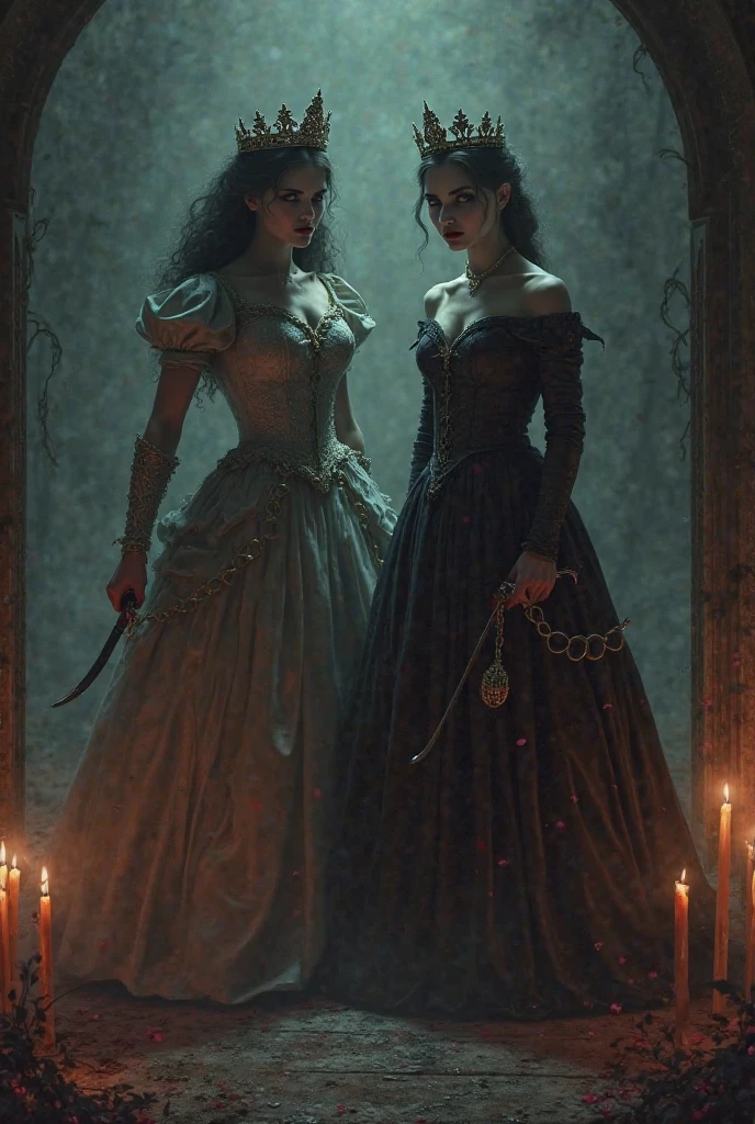 (a straight anime couple: 1.5, dark style, large eyes, Small pieces, fluffy black fur), (dark gothic, Victorian Gothic Steampunk Style, with hands clasped, chains:1.5), Dark, ambiente oscuro con decoraciones de calaveras 32K, Fairy tale: 1.4, camera cut: 1.4, ((dream atmosphere, soft light and magic:1.3)), ((imaginative scene)),((perfect, meticulously detailed.:1.3)), ((full shot: 1.4)), ((Best Quality)) , ((masterpiece)), 3D, (hyper detailed: 1.3), ((epic landscape: 1.3)), ((night background: 1.3 ))), (((the night:1.2))), (photorealistic: 1,4), ((Frontal camera)),( (Low light night cinema lighting: 1,2)). 32K.