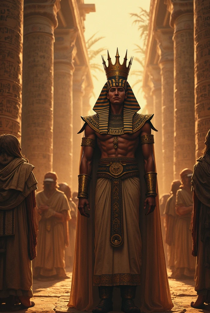 oil painting, Egyptian pharaoh and Egyptian priest standing behind the pharaoh