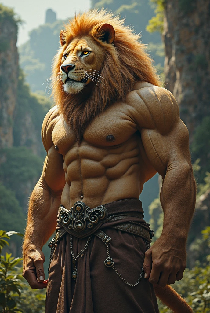 A bodybuilder lion with crown