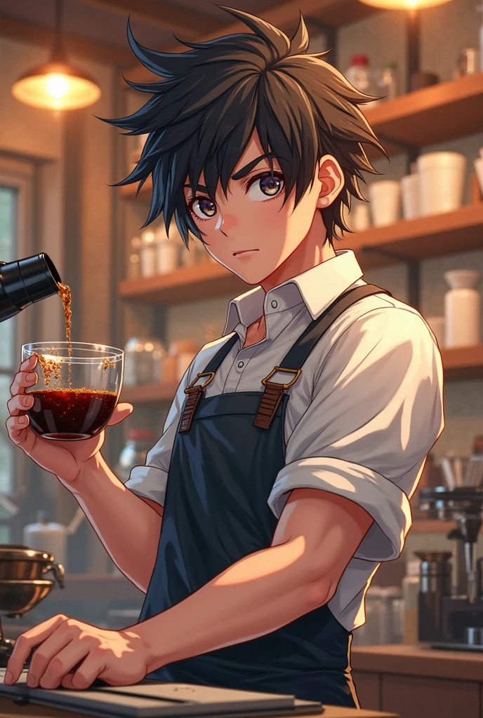 Spawns a 14 year old anime boy in a bar making a half human half ghoul coffee from Tokyo ghoul anime