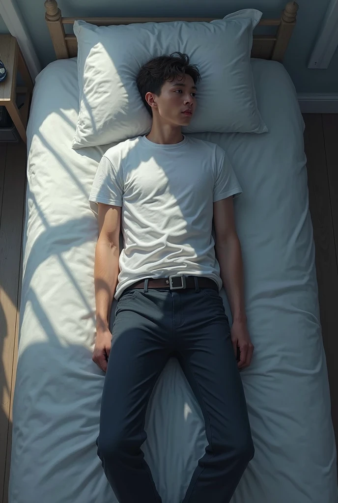 Make me a skinny black haired man naked with his penis out in bed
