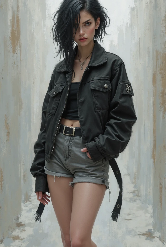 (masterpiece, best quality, 1 Girl, Solitary, Intricate details, Chromatic Aberration), Practical,Tifa Lockhart, ((Moderate breathing)),Long hair, Black Hair, Hair covering one eye,Red Eyes, earrings, Sharp eyes, Necklace, Cardigan jacket, Top of crop,The waist is open,(Perfectly symmetrical body),Against the wall, Brick Wall, Graffiti, Dim Lights, alley ,Look at the audience,