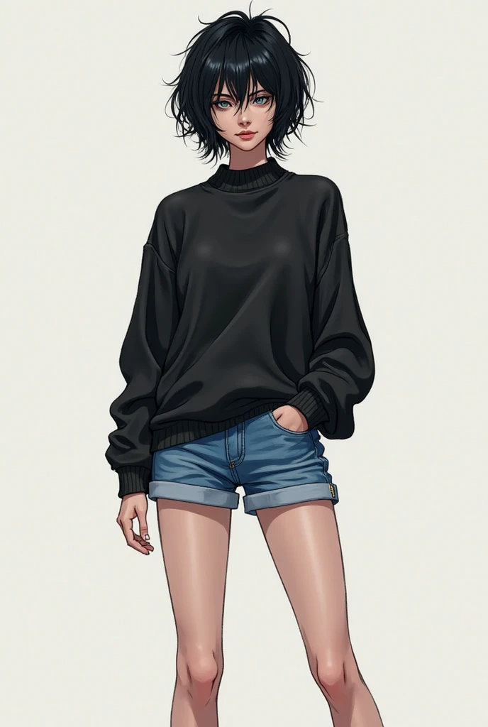 1woman, 1girl, solo woman, 1 person, single person, woman with a black baggy shirt and blue jeans, full body portrait of a short!, urban girl fanart, !!full body portrait!!, fullbody portrait, full body character portrait, wearing casual clothes, full-body character portrait, detailed full body portrait, character full body portrait, full body illustration, anime full body illustration, anime style character, short brown hair, combat boots, green eyes, Black sweater, freckles, hoop earings, loose sweater, baggy sweater, color black, oversized sweater, lewd, naughty, nsfw