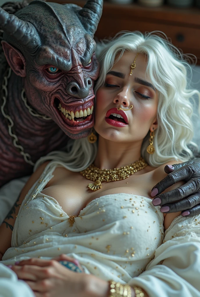 1 miniature Beautiful beautiful woman - Yuan Sayuki, ((top quality, 8K, Masterpiece:1.retty woman, 1 woman, huge breasts:1.3, a slim body:1.1, lush white Long hair, (shower, wet body, wet clothes:1.1), very detailed face, detailed lips, detailed eyes, double eyelids, Detailed blue eyes, чрезвычайно Detailed Outstanding Blue Eyes, short white wet hair, white wet hair, Detailed Outstanding Blue Eyes, innocent look at the viewer, very wet wavy white hair, Detailed Outstanding Blue Eyes, huge cross earrings, Outdoors, badges behind, gothic wedding uniform, sexy gothic style wedding dress with veil, bare chest, huge chest tattoo wearing a wreath, detailed huge earrings, chest tattoo, Outside - there are trees and a buddhist temple in the background, wear a silver cross (Detailed cross shape), reality mode, wet breasts, black necklace, black wedding dress and black veil, human crowd behind, head/forehead chain veil, black latex gloves, naked breasts, naked breasts, naked nipples, hair of white snowy colour, night time, red neon lights, demonic nun, horns, detailed dick, accurately depicted blowjob