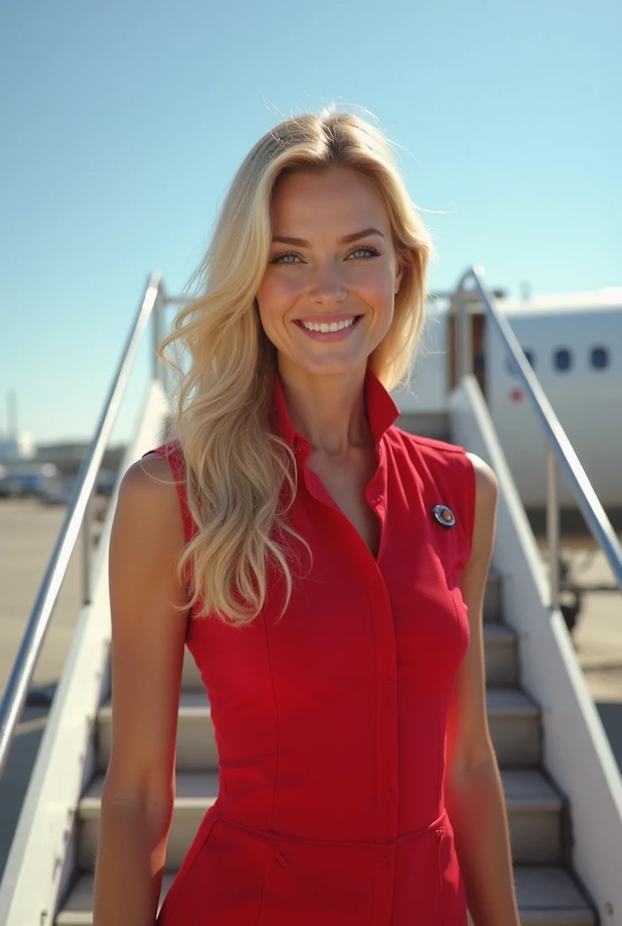 a bright platin blond hair caucasian female, detailed face, wearing a flight attendend uniform stand in a private jet, strong strong abdominal muscles, striking make up, beautiful lightning, very slim waist, happy smile face, big boobs, nsfw