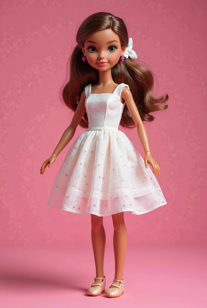 full body image of woman, Average height, a little chubby, medium curly dark brown hair, brown skin, brown eyes with long eyelashes, wearing a short pink dress, brown shoes, holding a small hand-modeled doll