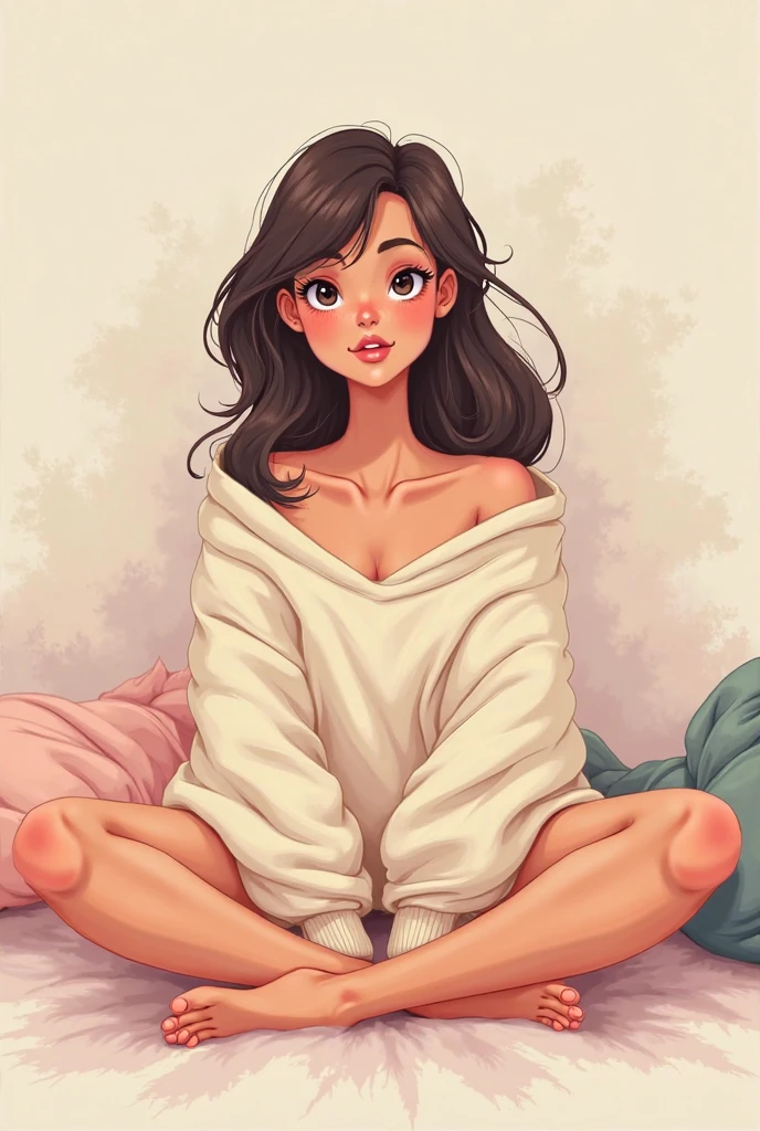 Create a cartoon-style female character , the character must have large breasts , must be wrapped in a towel with one breast exposed, must be thin and have long hair.