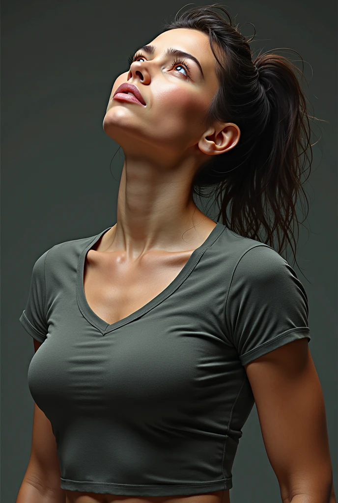 A woman in a white T-shirt with her arms on her hips、Chest tension、He has a proud look on his face.。