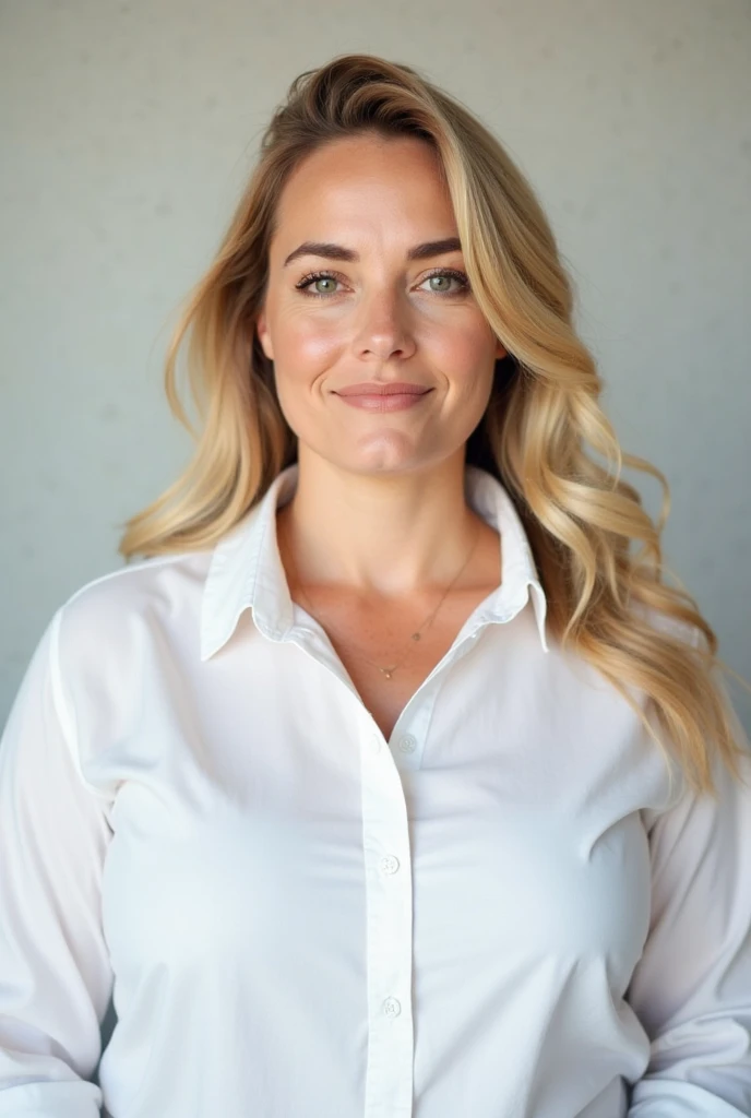 cartercruise-4400, official identification photo of a young woman in a (elegant detailed white tight secretary shirt :1.5), (blonde hair), (professional photo , studio lighting, hard light, sony a7, 50 mm, (hyperrealistic), big depth of field, mate skin, pores, colors, hyperdetailed, best quality, photorealistic, 8k, high res, best quality), 1girl, (portrait), (dark grey photostudio background:1.4) , looking at viewer, (eye contact:1.4), piercing eyes, happy, smirk, smile, intricate