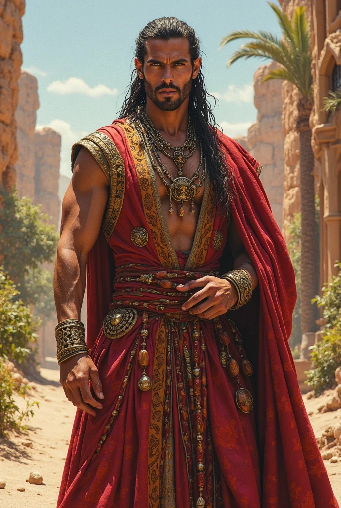 Tall, handsome, strong, muscular man with dark complexion, long red hair, wearing a king’s sleeveless shirt, sand-colored wool cut pants, crown with rubies and sapphires, gold and platinum wrists bracelets,arms and ankles, wearing leather sandals with a sword and shield