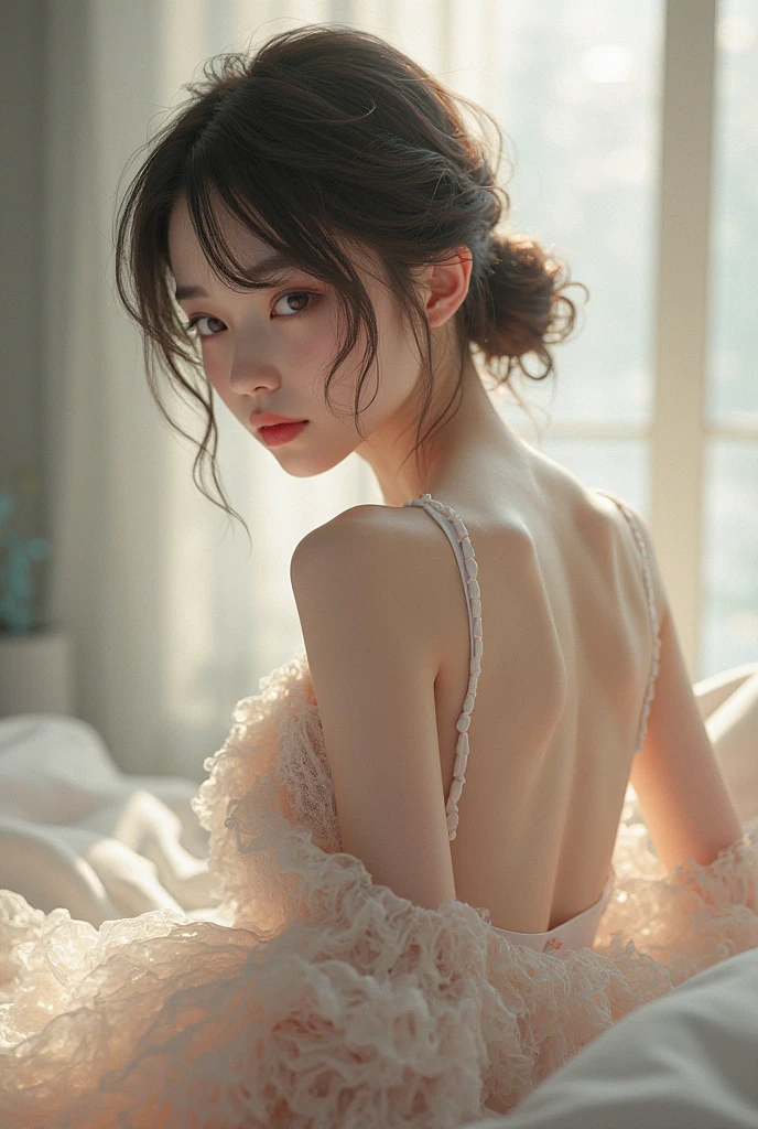 (Highest quality:1.4),(masterpiece:1.4),(Realistic:1.4),(Realistic:1.2),(超High resolution, RAW Photos:1.4),(High resolution, Very detailed:1.2),(8k:1.2),photograph,(Shot from behind:1.3)、Korean women、brown hair photos,One Woman,alone、((Updo long hairstyle))、((White,Lace nightgown:1.4)、