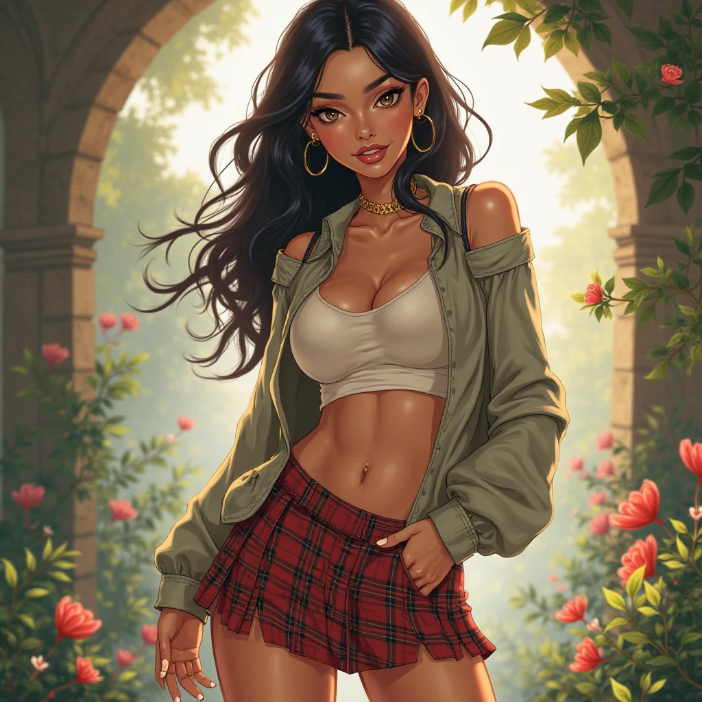 girl with Carmel brown skin , long dark brown almost black coiled hair that stops just below ass, is slim thick with plump full two toned coral pink lips, big , dark brown almost black eyes and a mole on neck, hips and thighs are littered in stretch marks, mole on the palm of hand under thumb on left hand, white low waisted layers lace mini skirt, black tank top, cropped cardigan, knee high socks