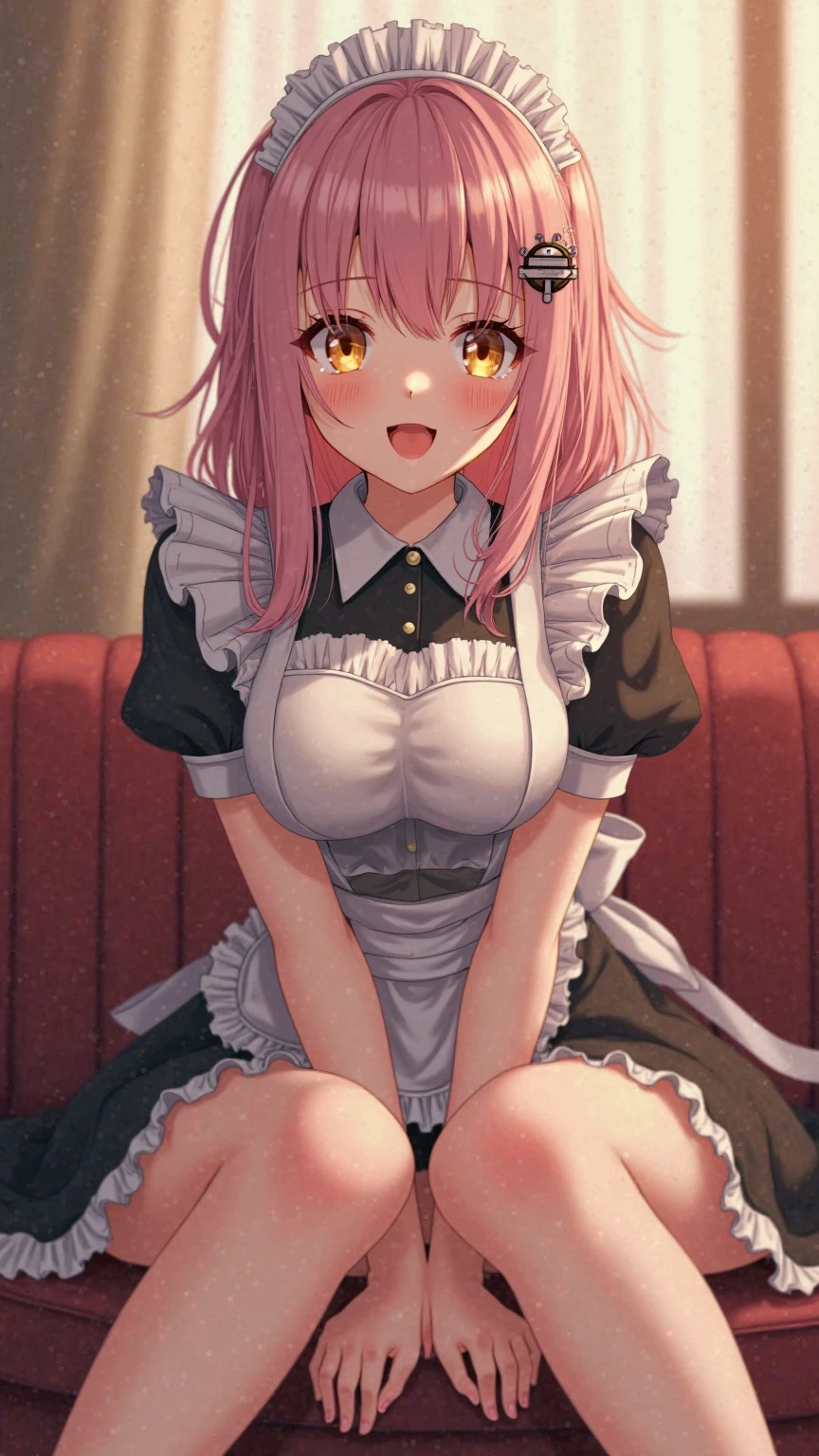 (very embarrassed, timid, active pose),(appearance) - "Young, ((dark-skinned)), Japanese, green eyes, pink hair with red streaks in a ponytail, normal build, toned, firm breasts, round, firm ass, full-arm tattoos, tattoo on the thigh"
(clothing) - “black and white maid uniform, shaped neckline, no bra, short skirt, white transparent tights, thongs (sexy, lace).
