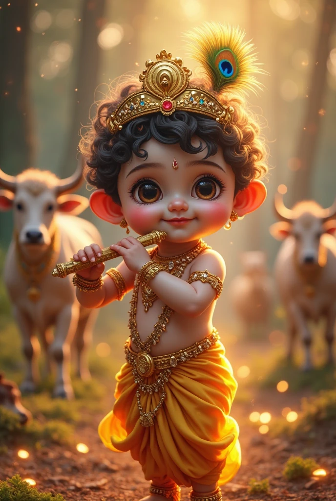 Generate image for wishing krishna janamashtmi including lord kriahna childhood form which is sweet, elegant, graceful, full of divinity and bliss. It should not include dark colour in majority . Make it a beautiful scenic image which include cows, butter and peacock feather on krishna's head . Make this image heart warming