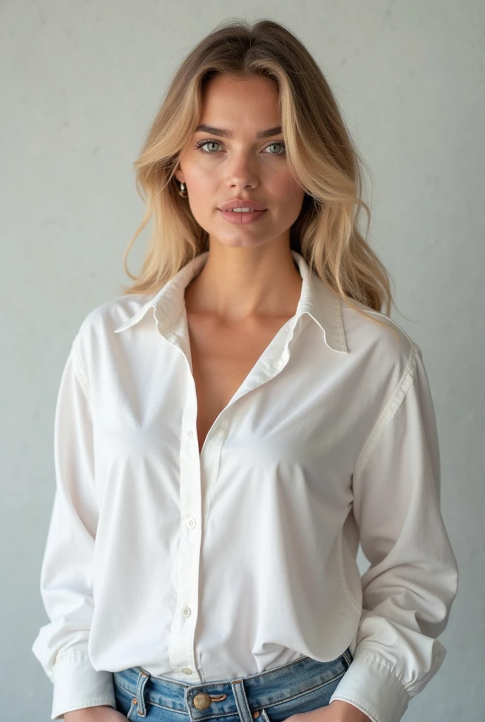 best qualityer:1.4), (ultra high resolution:1.2), (photorrealistic:1.4), (8k, CRU photo:1.2), 1 White woman. Long straight blonde hair with black highlights. eyes browns. He is wearing a white long sleeve button down shirt. He is wearing black jeans. The camera is focusing on your face. He's smiling for the camera.