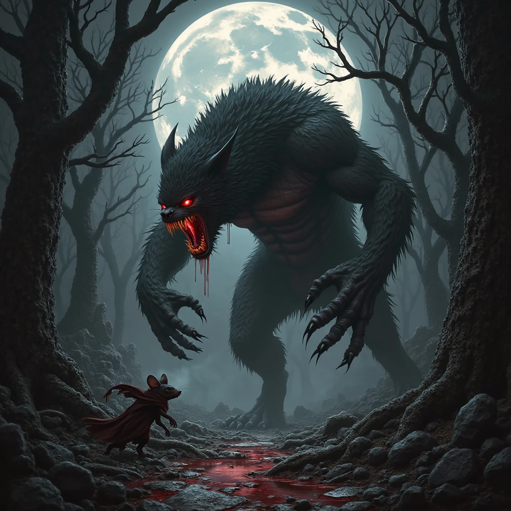 Visualize a scene in a dark medieval fantasy setting where a lycan werewolf with crimson eyes and an alien-like body is feasting in a dense bush. The bush is surrounded by bones scattered across the forest floor, remnants of previous meals.

The lycan werewolf's appearance is a blend of traditional werewolf features and alien characteristics: its fur is a mix of earthy tones and hints of otherworldly shimmer, its limbs elongated and sinewy like those of a predator from beyond the stars. Its eyes glow with an intense red hue, piercing through the shadows cast by ancient trees.

The forest itself is bathed in an eerie, moonlit glow, casting long, sinister shadows that dance around the creature as it devours its prey. The atmosphere is filled with a sense of primal savagery and ominous mystery, capturing the essence of a creature that exists at the intersection of medieval folklore and extraterrestrial menace.