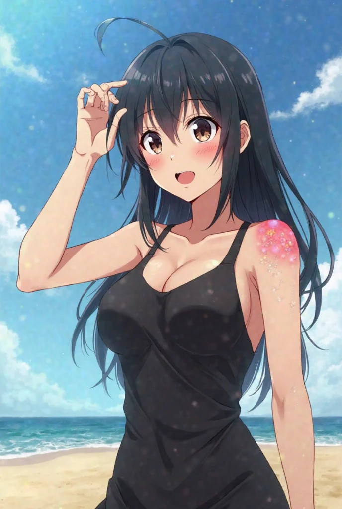 (masutepiece, Best Quality, High resolution:1.5, anime colours, megami magazine:1.2, anime poster style, anime keyvisual, sharp, 8k, photorealistic), (beautiful detailed eyes:1.5, beautiful detailed face:1.2), madoka ayukawa, 1girl, blush, (black hair, Long Hair), (sagging large breasts, underboob), (white bikini), upper body, (Perfect detailed Anatomy, beautiful detailed hair, beautiful detailed body:1.2, shiny skin), (thick outline, Beautiful outlines, black outlines), simple background