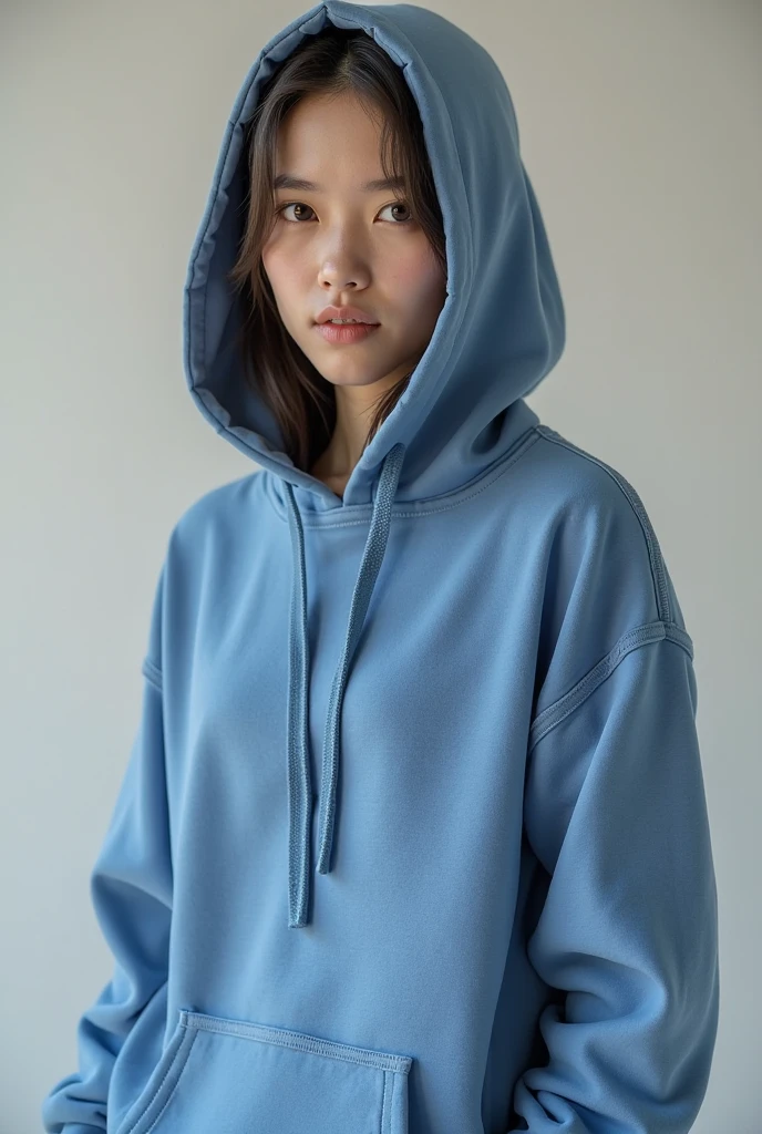 beautiful girl, American Chinese, with blue eyes and bangs, medium length hair, 22, gray sports suit, consisting of a hooded sweatshirt and sweatpants. The hoodie looks voluminous, and the pants have a loose fit. The fabric of the suit feels soft and warm, suitable for everyday wear or sports..