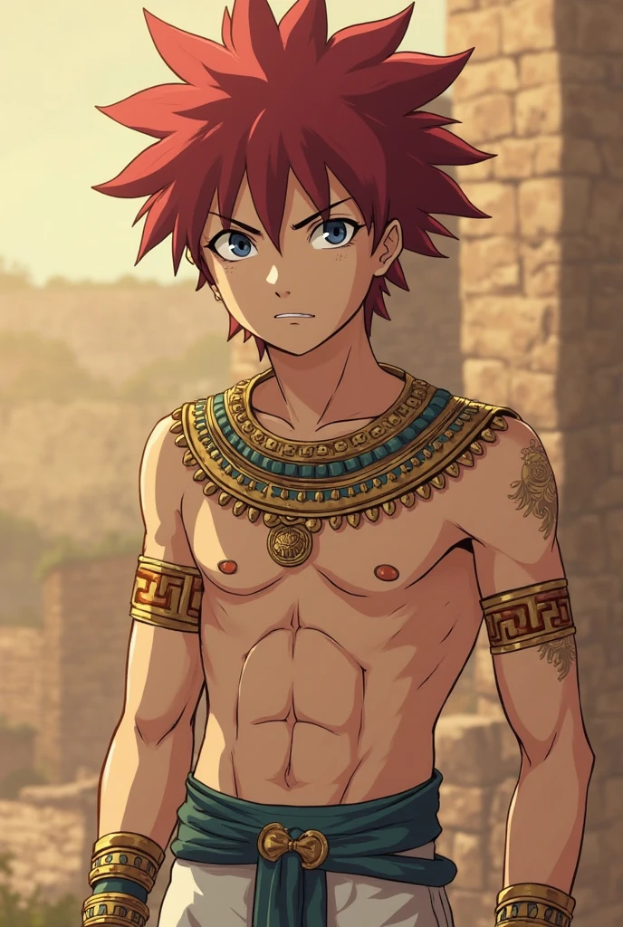 Highres, Masterpiece, Best quality at best,Best Quality,hight quality, hight detailed, 1boy, Boy,Fluffy hair, Side bangs, Shota, Solo person, Thin young boy without a shirt, Red hair, Egyptian garden, Ancient egyptian loincloth, earrings, bracelets, necklaces, navel piercing, ( boy), 14-year-olboylurryd simple beckground, bokeh, Uhd