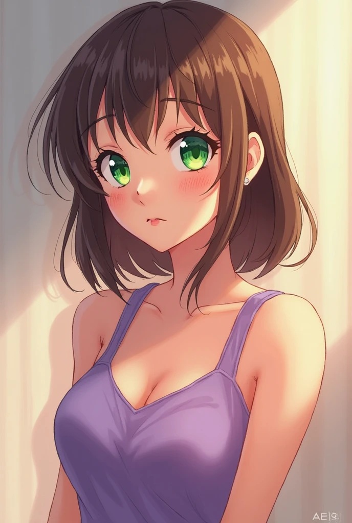 Minecraft creeper as a teenage anime girl with a sexy body in casual cloths and brown hair