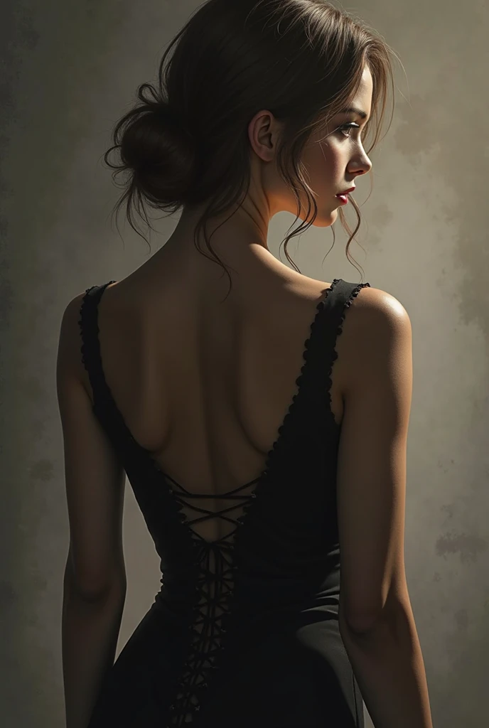 A woman facing away, beautiful detailed eyes, beautiful detailed lips, extremely detailed face, long eyelashes, elegant dress, intricate floral patterns, mystical atmosphere, dramatic lighting, vibrant colors, cinematic composition, (best quality,4k,8k,highres,masterpiece:1.2),ultra-detailed,(realistic,photorealistic,photo-realistic:1.37),digital art, fantasy, concept art, artgerm, gerald brom