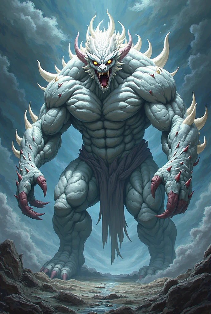 A pure white orc with black eye whites and golden pupils,The tail is not a wolf's tail but several tentacles similar to octopus tentacles