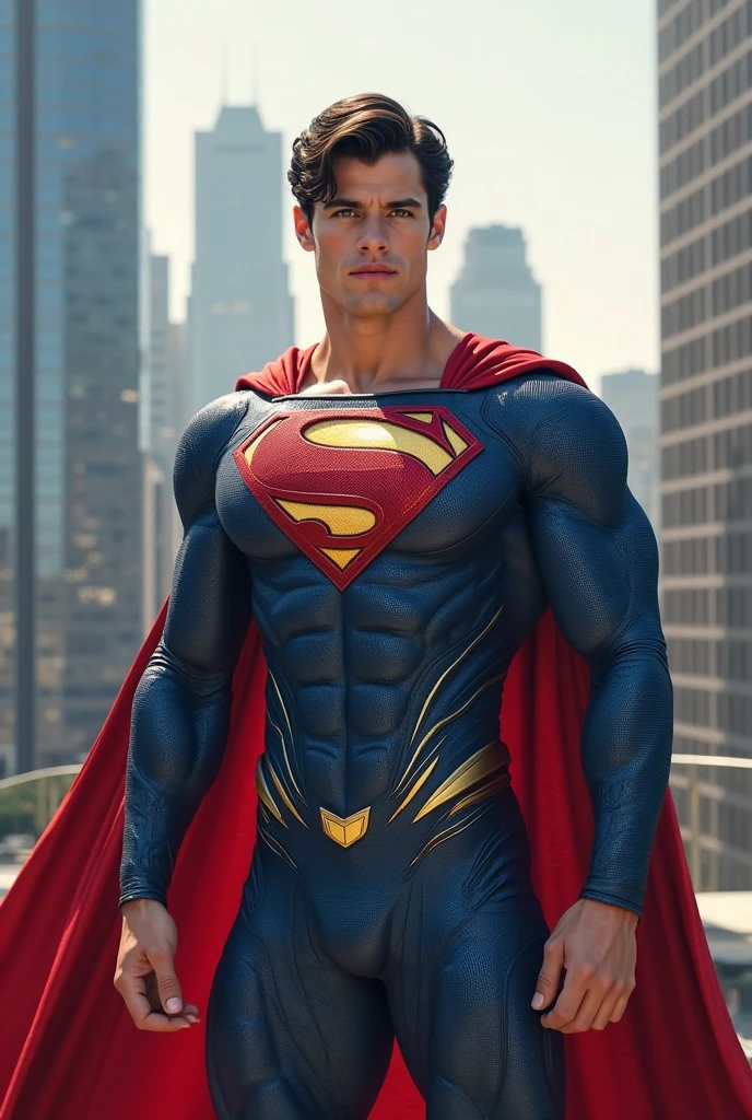 Superman, posing as a bodybuilder. Taking portraits. showing off body. Red underwear and wind cover. Vivid color filter
