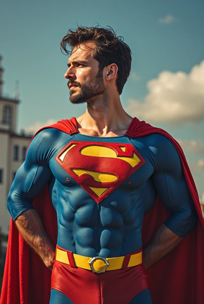 1 man, solo, Henry Cavill as Superman, 40s year old, all blue and red details suit, bare hands, big red S symbol on the chest, red cape, strain of hair covering forehead, short cut hair, tidy hair, tall, manly, hunk body, muscular, wide shoulder, straight face, black hair, best quality, high resolution:1.2, masterpiece, raw photo, dark background, detailed suit, detailed face, upper body shot, crossed arms, runic scene in the background Experiment with portraying the dynamic nature of emotions. Use swirling, flowing, or kinetic brushwork to depict the movement of emotions within the portrait. shutterstock, herry cavill, portrait of henry cavill, henry cavill!!!, henry cavill, superman, superman pose, Showcase the model in a dynamic, action-oriented pose that exudes energy and movement. Experiment with dramatic angles and perspectives.