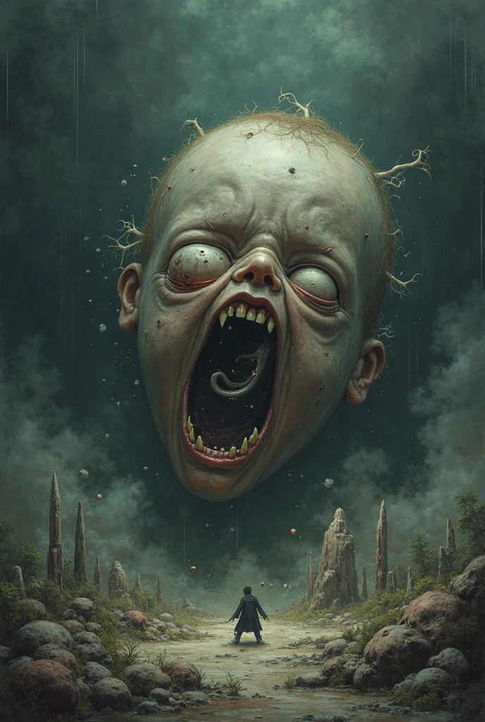 theme:Surreal Scene, Fun horror、 at dark sky、Mucus、gigantic head, only baby head, 独奏, flowers,