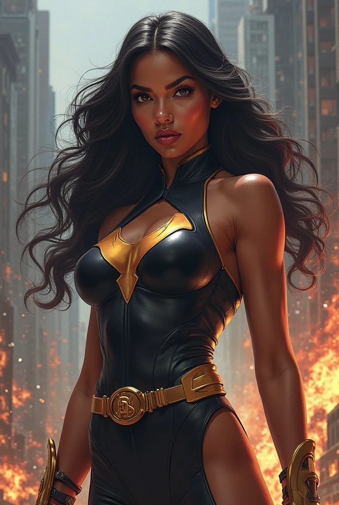 A beautiful woman, Adriana Lima, under the mantle of the warrior of Eutopia Zarda Shelton, alias power Princes, is a tall woman with a muscular physique and body and black hair, long and flowing hair reaching her back (((He wears a black leather jumpsuit that covers his entire body, and forearms with gold edges below his breasts and on his simulating a belt, this suit has bell-bottom white boots at the end of his cuffs.))) silver liza headband on her forehead under her hair Wonder Woman