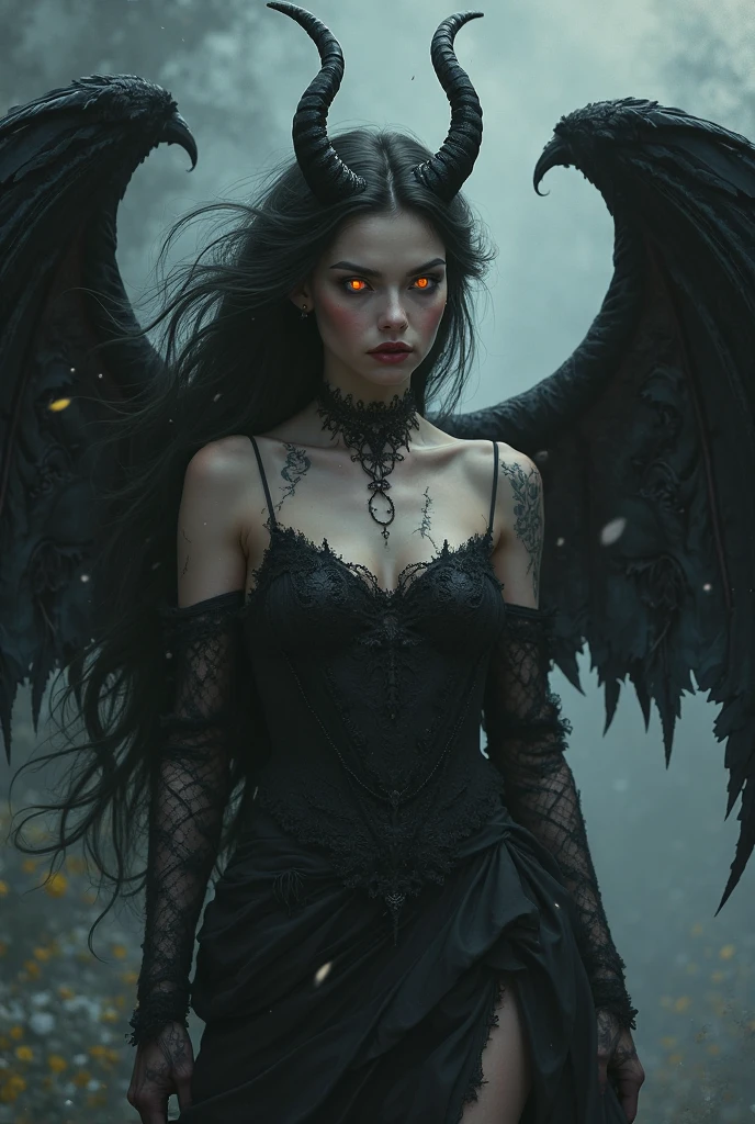 elegant beautiful woman, half angel half demon, full body, extremely detailed, delicate skin, sharply defined facial features, piercing eyes, ?????? gaze, sensual lips, long flowing hair, intricate angelic wings, horns, detailed intricate costume, dramatic lighting, dark moody atmosphere, chiaroscuro lighting, rich saturated colors, cinematic composition, photorealistic quality, (best quality,8k,8k,highres,masterpiece:1.2),ultra-detailed,(realistic,photorealistic,photo-realistic:1.37),porcelain skin,long eyelashes,sharp cheekbones,pale complexion,dramatic shadows and highlights,cinematic lighting,dramatic pose,powerful gaze,ethereal presence,dark fantasy,gothic,dramatic