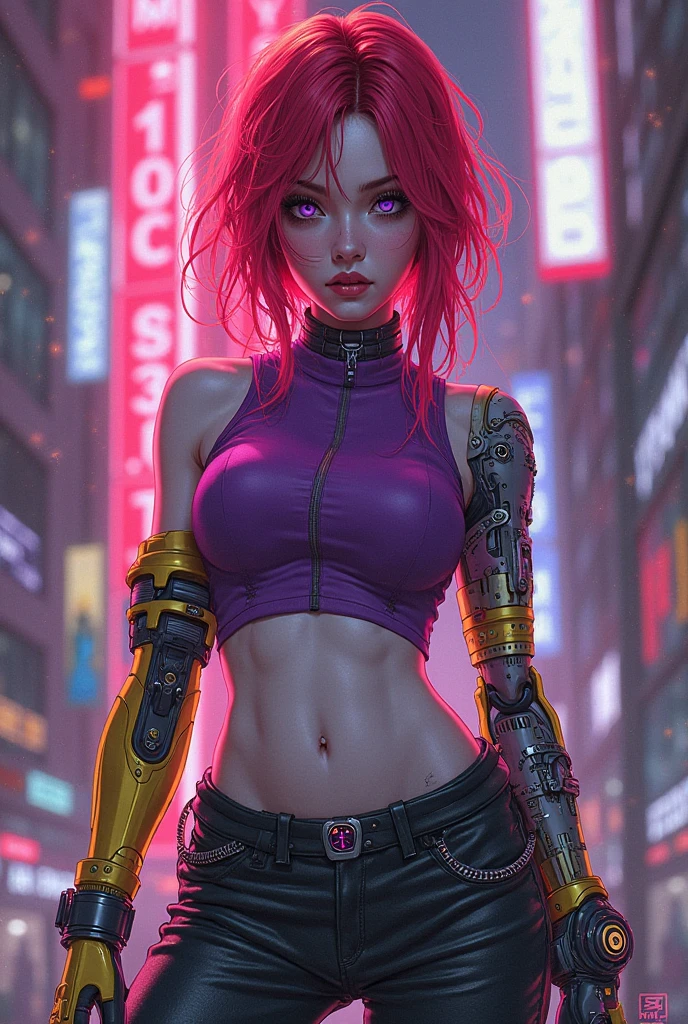 aesthetic style , illustration style、estilo neon、Gothic、This is a highly detailed digital illustration，futurismo、The female character in cyberpunk style is presented。 Her slender figure ，Physically sexy，the skin has a soft white color，An electric head of red hair draped over the shoulders。Her clothing combines high technology and streetwear。She wears a short purple sleeveless blouse, 
Your left arm is completely normal，covered in mechanical pieces in bronze gray and NEON YELLOW，You can see the bright purple energy source, your right arm points to the camera