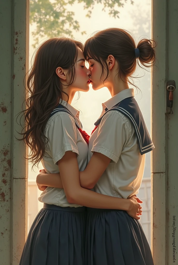 (masterpiece, best quality), perfect anatomy, two school girls are deeply in love with each other, kiss, romantic atmosphere, flower, moon